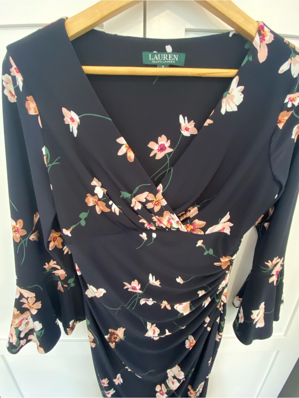 Lauren Ralph Lauren Navy Floral Faux Wrap Midi Dress Ruched 3/4 Bell Sleeve Sz 8